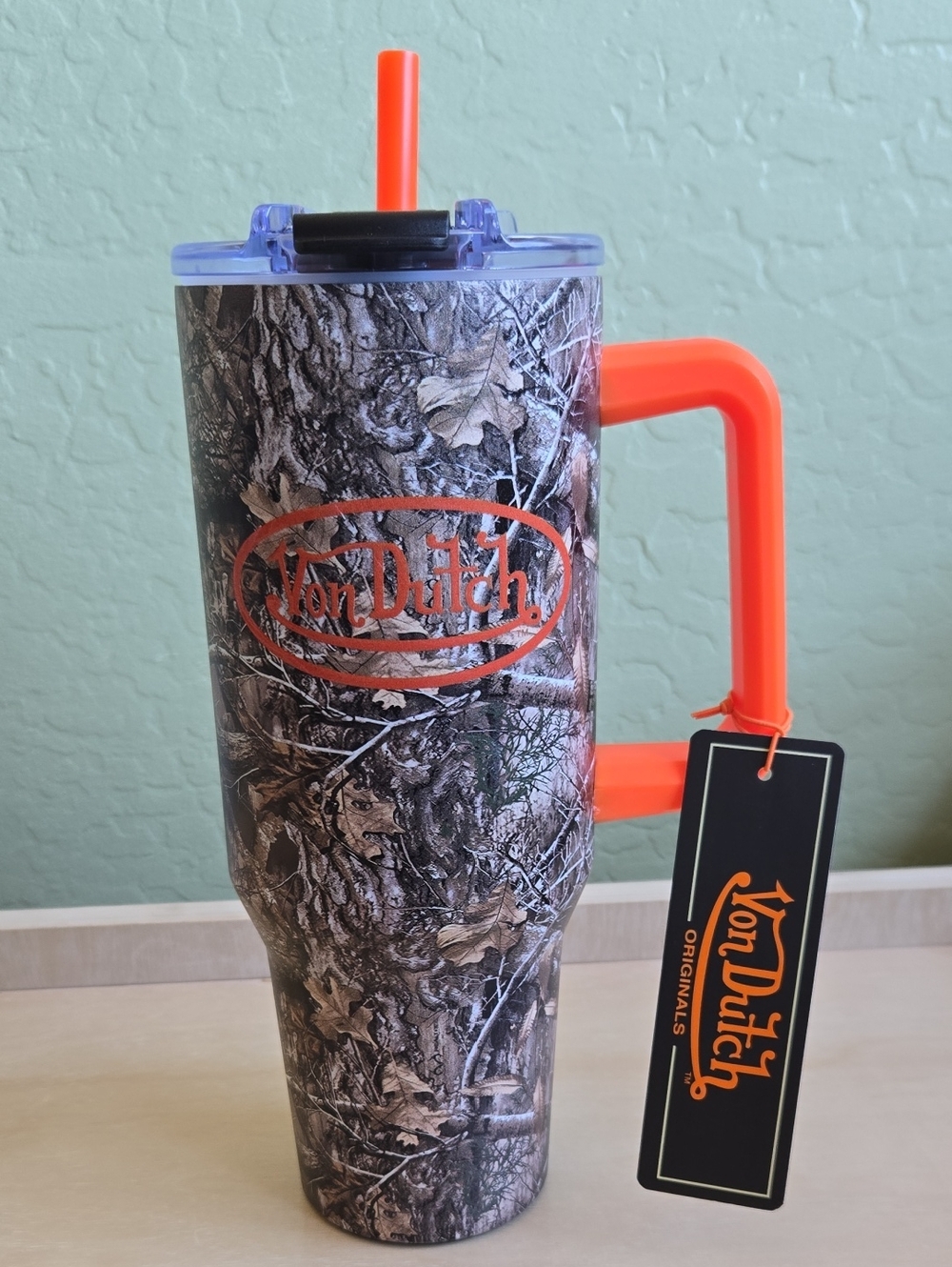 Von Dutch Forest Travel Tumbler with Neon Orange Handle & Straw 40oz